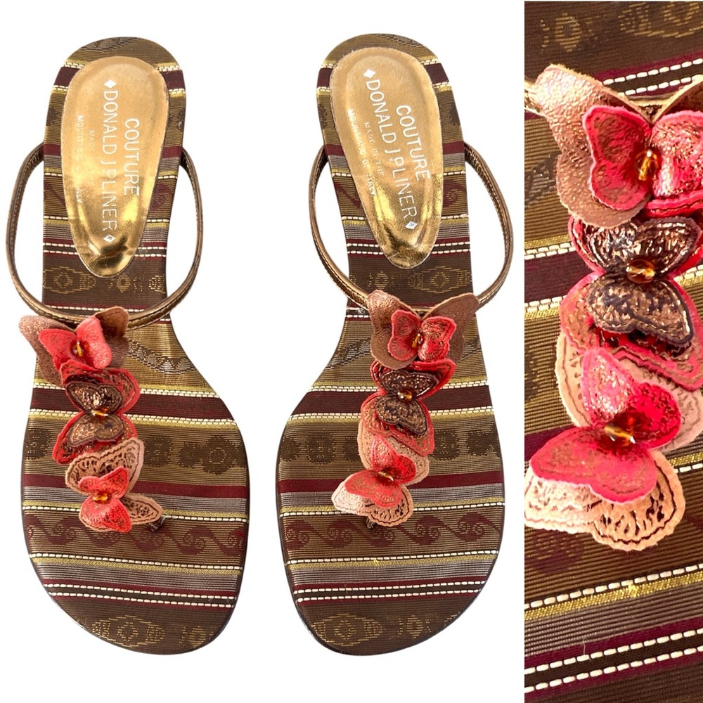 Vtg Y2K Donald J Pliner Couture Butterfly Thong Kitten Heel Sandals 8.5 Fairycor